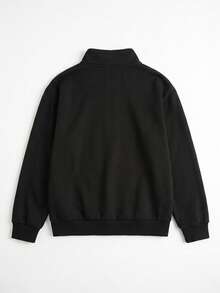 Sweatshirt Wanita Musim Gugur/Dingin Terbaru, Longgar, Minimalis, Warna Polos, Setengah Resleting, Kasual, Modis, Serbaguna, Berlapis Termal - Hitam - View 5