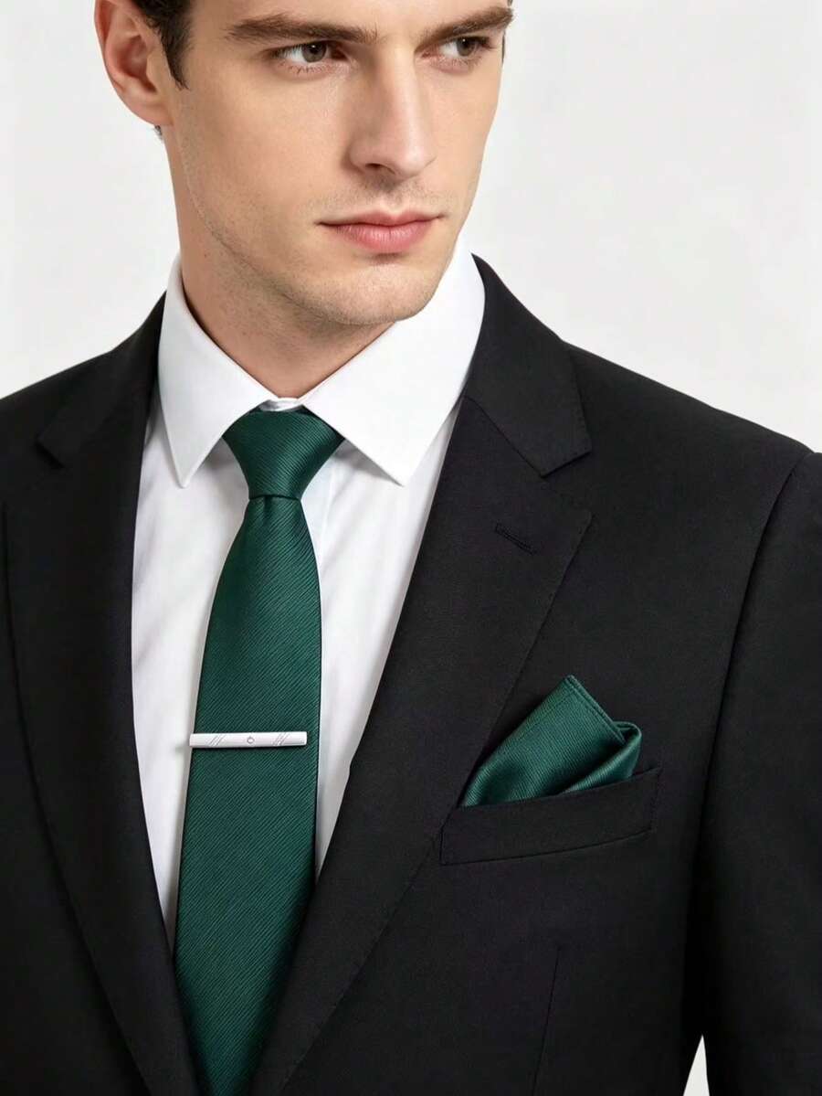 1套細條紋領帶、口袋巾與領帶夾3件組,適合商務出差與婚禮宴會 - 墨綠色 - 查看 1