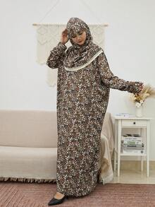 Floral Print Woven Fabric Long Abaya Dress, Round Neck, Regular Long Sleeve, Decorated With Applique Details, Loose Bohemian Style - Brown - View 4