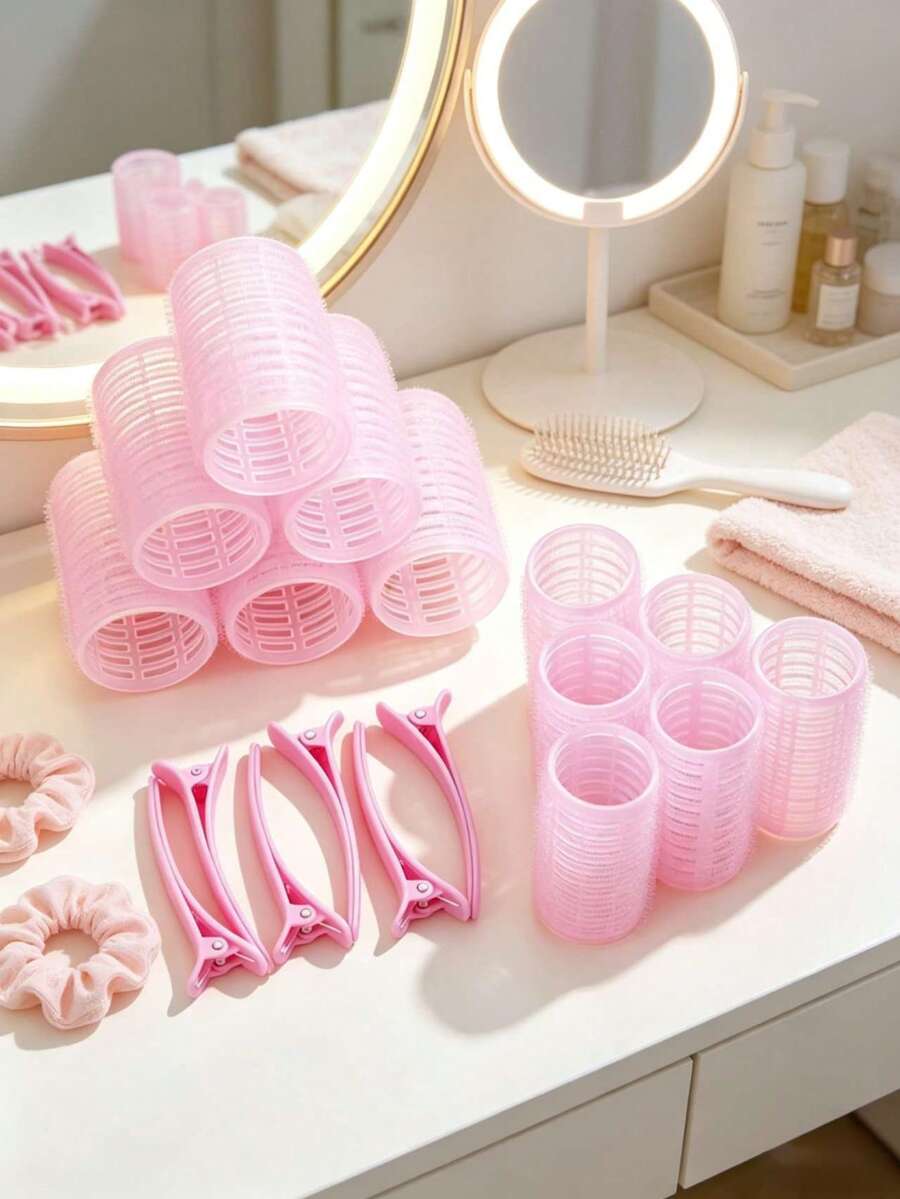 24pcs Pink Women's Hair Curling Set, Includes Hair Clips And Self-Adhesive Curlers, Suitable For Long, Medium, Short Hair And Bangs, DIY Hair Curling Tools, Salon Tools, Perfect As Back To School Gift