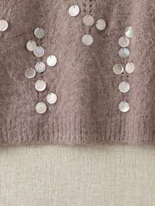 Women's Plush V-Neck Sequin Sweater Long Sleeve Comfortable Holiday Party Pullover Fall - Camel - View 9
