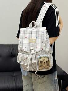 Plaid Heart Backpack | Versatile Accessory With Girly Charm. Large Main Compartment With Organized Interior, Perfect For Commuting, School, And Travel. Wide, Thick, Breathable Shoulder Straps For Comfortable Wear Without Shoulder Pressure. No Accessories Included. - Multicolor - View 3