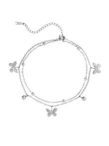 1pc Stainless Steel Double Layer Stacked Women's Anklet, Thin O-Chain Double Layer Foot Jewelry With 3D Embossed Butterfly And Round Bead Pendant, Beach Vacation Style, Gold Color, Fresh Summer Beach Outing Accessory For Sandals And Strappy Shoes, Photo-Ready, 2026 Qixi Valentine's Day, Versatile Foot Accessory - Anklets - View 7