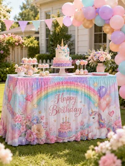 1 pieza Falda de mesa de cumpleaños con unicornio arcoíris pastel, cubierta de mesa rectangular de poliéster linda con letras de Feliz Cumpleaños, estampado de flores, pastel, globos y estrellas para mesa de postres, mesa de pastel, baby shower, fiesta de cumpleaños de niñas y decoración de celebración