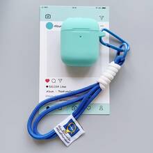 Silicone One-Piece Protective Case Compatible With Apple Bluetooth Earphones, Minimalist Solid Color Design With Travel Clip And Braided Lanyard Set - Mint Green - View 8