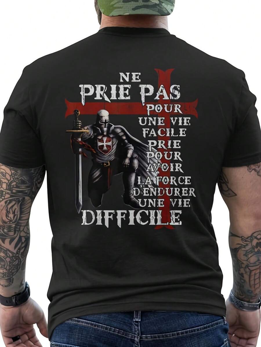 Mittelalterliches Templer-Ritter-T-Shirt - Lateinische Inschrift und Templer-Symbol-Druck auf der Rückseite, T-Shirt mit Kreuzfahrer-Kampagnen-Motiv, mit ritterlichen Mottos und historischen Musterdesigns, Unis - Schwarz - Übersicht 1