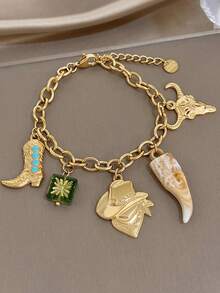 Western Cowboy Stainless Steel Necklace Bracelet For Men Women,Vintage Turquoise Boot Beads Charms Gold Jewelry Set,Party/Christmas/Vacation/Boho - Multicolor - View 11
