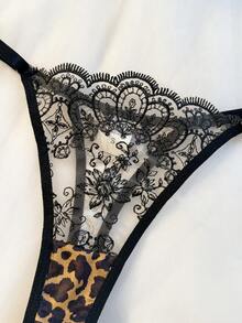 Ensemble de lingerie en dentelle et maille imprimé léopard, soutien-gorge à armatures avec bretelles spaghetti croisées & string taille haute à bretelles réglables - Noir - Voir 4