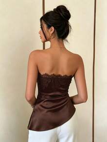 Women's Solid Color Sleeveless Bandeau Lace Patchwork Top, Black Vacation Top, Sexy Women's Top Summer - Brown - View 2