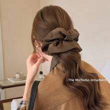 1pc Oversized Fluffy Long Hair Scrunchie, Solid Color, Casual, Polyester, High Elasticity, Soft Silky, Lightweight Luxury, Fashion, 4 Seasons - Brown - View 5