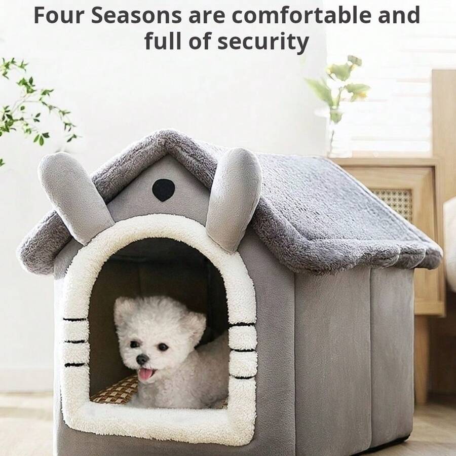 All-Season Pet Villa Bed, Semi-Enclosed Cat & Dog House, Warm Anti-Slip House-Shaped Pet Bed - Grey - View 1