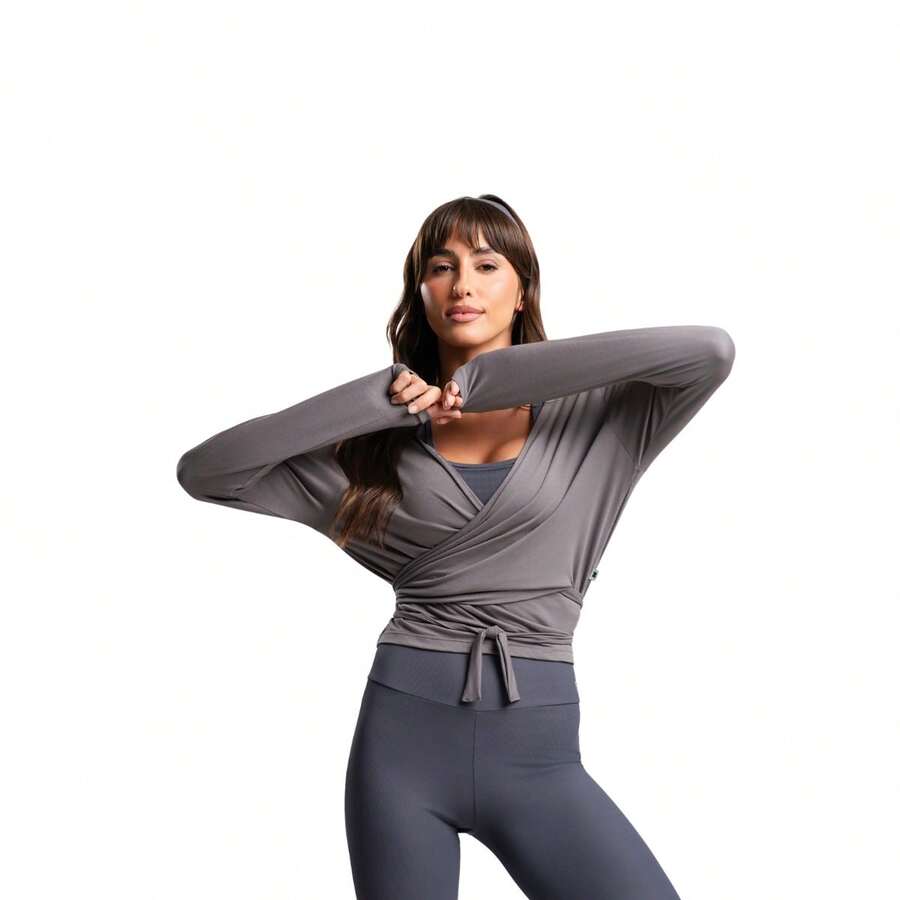 Casualizze Cropped V-Neck Wrap Blouse With Long Sleeves And Tie Detail In Soft And Comfortable Viscose. One Size Fits Sizes 38 To 44 (Brazilian Sizes). - 灰色 - 查看 1