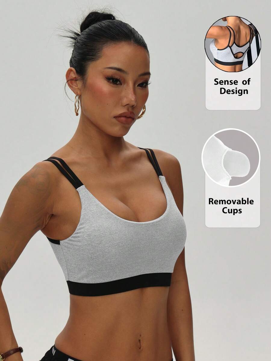 Bra Rajut Olahraga Wanita Warna Polos dengan Bantalan yang Dapat Dilepas, Leher Bulat, Tanpa Punggung, untuk Musim Gugur - MultiWarna - View 1