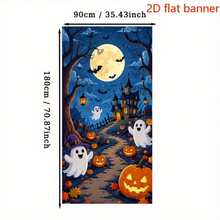 2D Plane 1 Piece Of Halloween-Themed Banner Background, Featuring Cute Ghosts, Pumpkin Lanterns, Dark Night Castle, Full Moon Bats, And Withered Trees And Fallen Leaves. Made Of Polyester Material. - 90*180cm - View 5