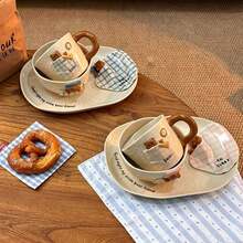 1pc Cute 3D Sleepy Bear Ceramic Dinnerware Set, Wavy Textured Coffee Mug + Bowl + Spoon + Irregular Plate + Bear Coaster, Plaid Bed Bear Design Porcelain Tableware, Aesthetic Ins Breakfast Gift Set For Women Girls - Multicolor - View 3