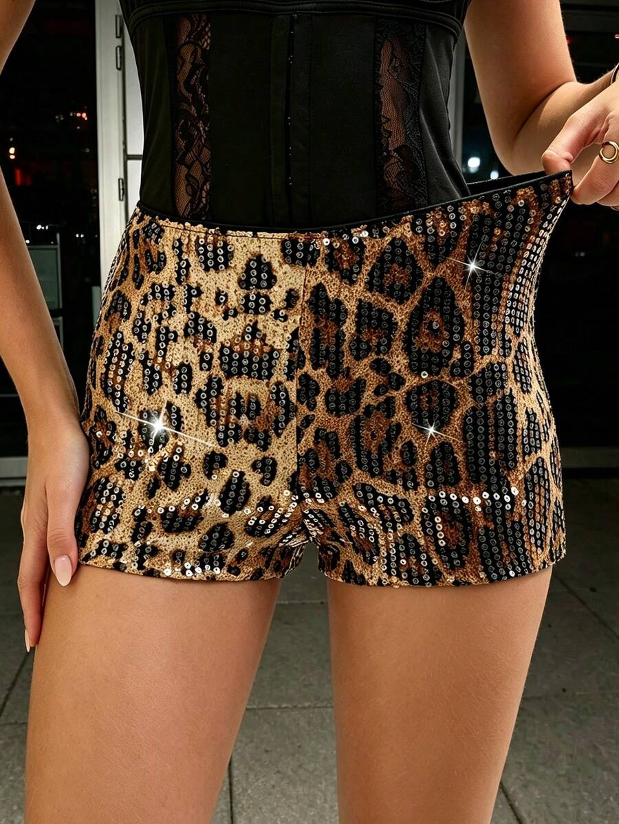 Y2K Leopard Print Sequin Retro Ultra Short Shiny Women's Hot Pants, Suitable For Rave Party And Music Festival, Fashion Women's Pants, Christmas Women's Clothing Women Y2K Halloween Outfits Cheetah Print Shorts Shiny Pants Clothes - Bronze - View 1