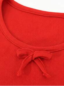 Tween Girls Textured Striped Bow Casual Top With Cute Cherry Embroidered Straight Leg Denim Jeans, Comfortable Autumn/Winter Outfit - Multicolor - View 3