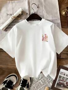 Nuova T-shirt estiva da donna a maniche corte con stampa graffiti colorata di grattacieli cittadini - Bianco - Visualizzare 2
