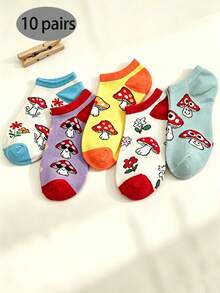 5/10 Pairs Cute Mushroom Smiling Face Floral Low-Cut Boat Socks, Colorful Contrast Color, Versatile Daily Commute Socks For Girls, Back To School Student Socks - Multicolor - View 8
