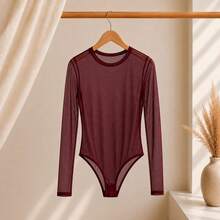 Basic Tulle Bodysuit With Long Sleeves - Fall/Winter 2025 Fashion - Burgundy - View 2