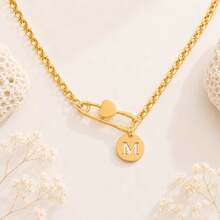 1pc Simple Fashion Round Initial Heart Pin Pendant Golden Stainless Steel Chain Necklaces For Women - Yellow Gold - View 3