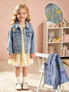 New Girls Casual Cute Denim Jacket, Young GirlShiny Heart Embroidery Versatile Top, Children's Clothing - Medium Wash - View 1