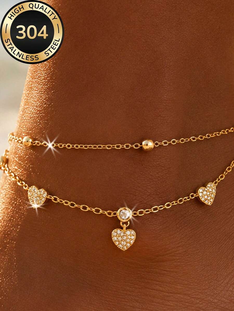 ZCNC 2pcs/Set 18k Gold Plated Women's Cute Sweet Heart Pendant Anklet Stackable Set, 304 Stainless Steel Waterproof, Hypoallergenic, Suitable For Daily Wear/Beach Vacation Party/Gift/Anniversary/Halloween/Christmas Gift - Gold - View 1
