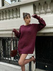 Daleeva Women's Solid Color Round Neck Drop Shoulder Long Sleeve Casual Sweater Fall - Burgundy - View 2