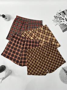 4er Set Herren karierte Boxershorts, elastische lockere Pyjamahosen, lässige bequeme Boxershorts, elastischer Bund, mehrfarbige Kombination - Verschiedenfarbig - Übersicht 4