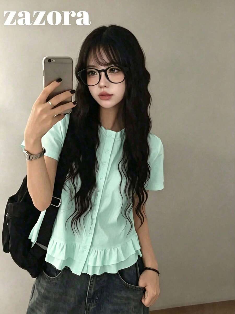 俏皮荷葉邊圓領短袖T恤,日系復古甜美百搭寬鬆上衣,夏季休閒服飾 - 綠色 - 查看 1