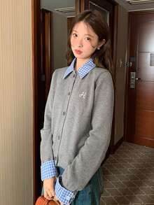 2-In-1 Plaid Patchwork Letter Embroidery Knit Cardigan - Grey - View 8
