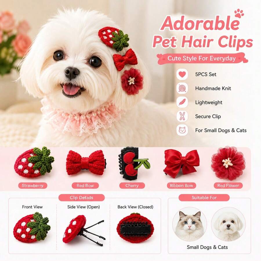 5pcs Dog Hair Clips, Handmade Woven Pet Hair Bows, Cute Flower Design Beauty Accessories, Suitable For Yorkshire Terrier, Maltese, Small Dogs And Cats - Multicolor - View 1