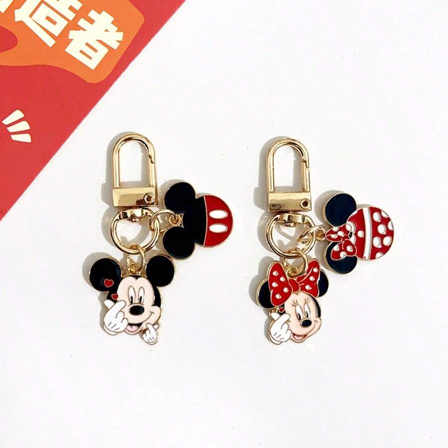 2pcs Disney New Cute Mickey Minnie Couple Keychain, Exquisite Unisex Metal Pendant Key Chain For Bag