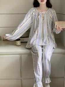 2pcs Women's Pajama Loungewear Set, Romantic Ditsy Floral Neckline Tie Pullover Long Sleeve Pants, All Season - Multicolor - View 2