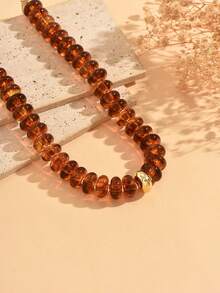 1pc Vintage Elegant Amber Beaded Necklace, Flat Round Bead Design Women's Neck Jewelry, Gentle Elegant Versatile Style, Suitable For Mature Style, Daily Commute, Dating And Vacation Wear, Bead Count And Color Shade Are Random And Not Fixed - Multicolor - View 3