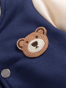 Spring/Autumn Boys' College Style Bear Baseball Jacket 2-Piece Set, Colorblock Raglan Long Sleeve With Cream Contrast Striped Collar, Cuffs And Hem, Matching Same-Color Elastic Cuffed Sweatpants, Suitable For School, Sports, Outings And Preschool, Cute Casual Outfit For Toddlers And Young Children - Royal Blue - View 6