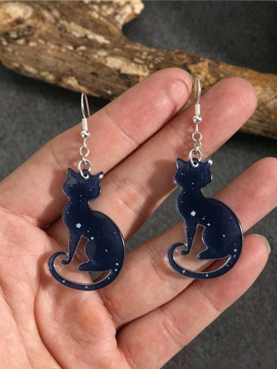 1pc Dark Starry Sky Silhouette Sitting Black Cat 2D Flat Acrylic Hook Earrings, Witchy Galaxy Kitten Pattern Pendant Earrings, No Box - Kitten - View 1