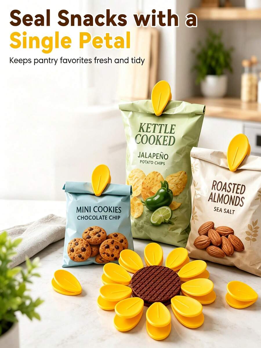 Sunflower Magnetic Chip Clips 10pcs Petal Clips, Flower-Shaped Fridge Clips, Suitable For Chips And Food Bags, Help Keep Snacks Fresh, Kitchen Use