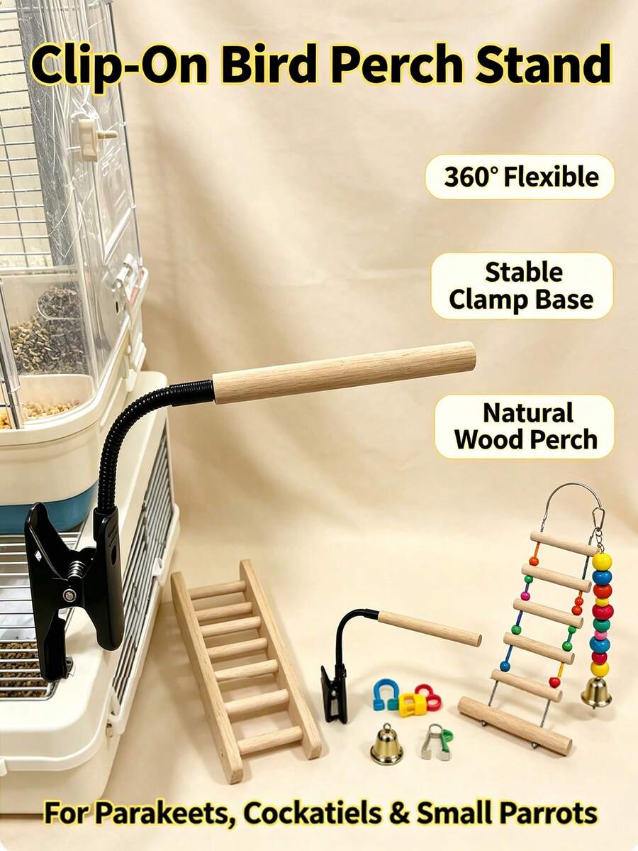 Multi-Function Clip-On Bird Perch, Flexible And Bendable, With Clip Base, Parrot Training Stand, Heavy-Duty Clip Base, Comfortable Cotton Rope Wrapped Perch, Suitable For Small Pet Birds, Portable Travel Training Platform, Applicable To Desktop, Bird Cage, Windowsill - Multicolor - View 1