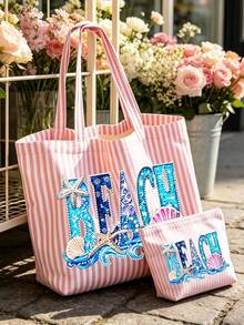 Pink Striped Tote Bag With "BEACH" Shell And Wave Pattern Print, Summer Theme. Large Capacity Striped Handbag And Makeup Bag, Casual Shoulder Bag, Lightweight Shopping Bag, Portable Cosmetic Storage Bag, Suitable For Travel, Shopping, Commuting And Daily Use, Gift For Women, Lovers, Friends, Birthday Gift, Holiday Gift, Party Gift, Vacation Gift, Back To School Gift, Anniversary Gift, Teacher Gift - Multicolor - View 5