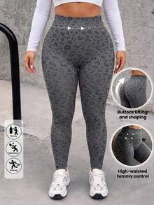 Plus Size Seamless Yoga Leggings, 1-Pack High Waist Leopard Print Fall Workout Pants For Gym & Daily Casual Wear - Grey - View 6