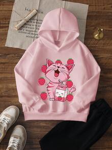 3pcs/Set Teen Girls Bow Strawberry Cat Hooded Sweatshirt, Black White Pink Cute Loose Casual Sweatshirt Set, Spring Autumn - Pink - View 6