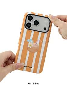 GIIPPA 1件 橘色條紋背景與椰子圖案設計，Phone 17 Pro Max 手機殼，相容於 Phone 16 Pro Max、15 Pro Max、14 Pro Max，韓系高端時尚趣味手機殼，相容於 11/12/13/14/15/16 Pro Max Plus，優雅設計適合男女，送給女友的完美禮物，適用於聖誕節、情人節、復活節、婚禮季節和生日！ - 橘色 - 查看 6