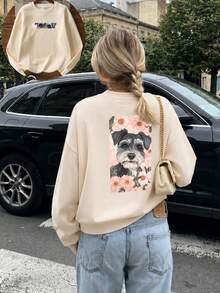 Sweatshirt Wanita Minimalis Terbaru Musim Dingin dengan Motif Anak Anjing, Kerah Bulat Kasual, Modis dan Serbaguna - Aprikot - View 6