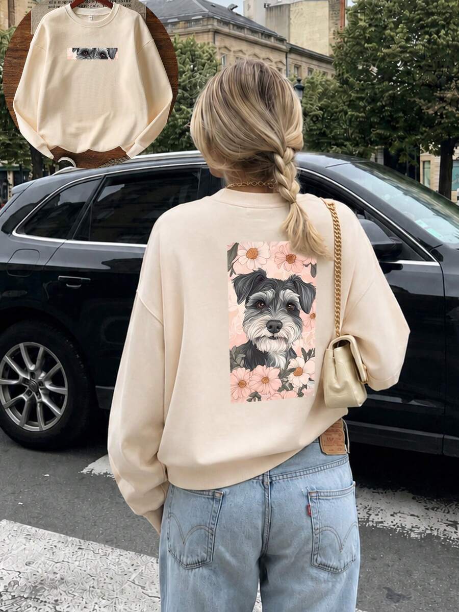 Women's New Minimalist Winter Puppy Print Casual Crew Neck Fashion Versatile Sweatshirt - Apricot - View 1