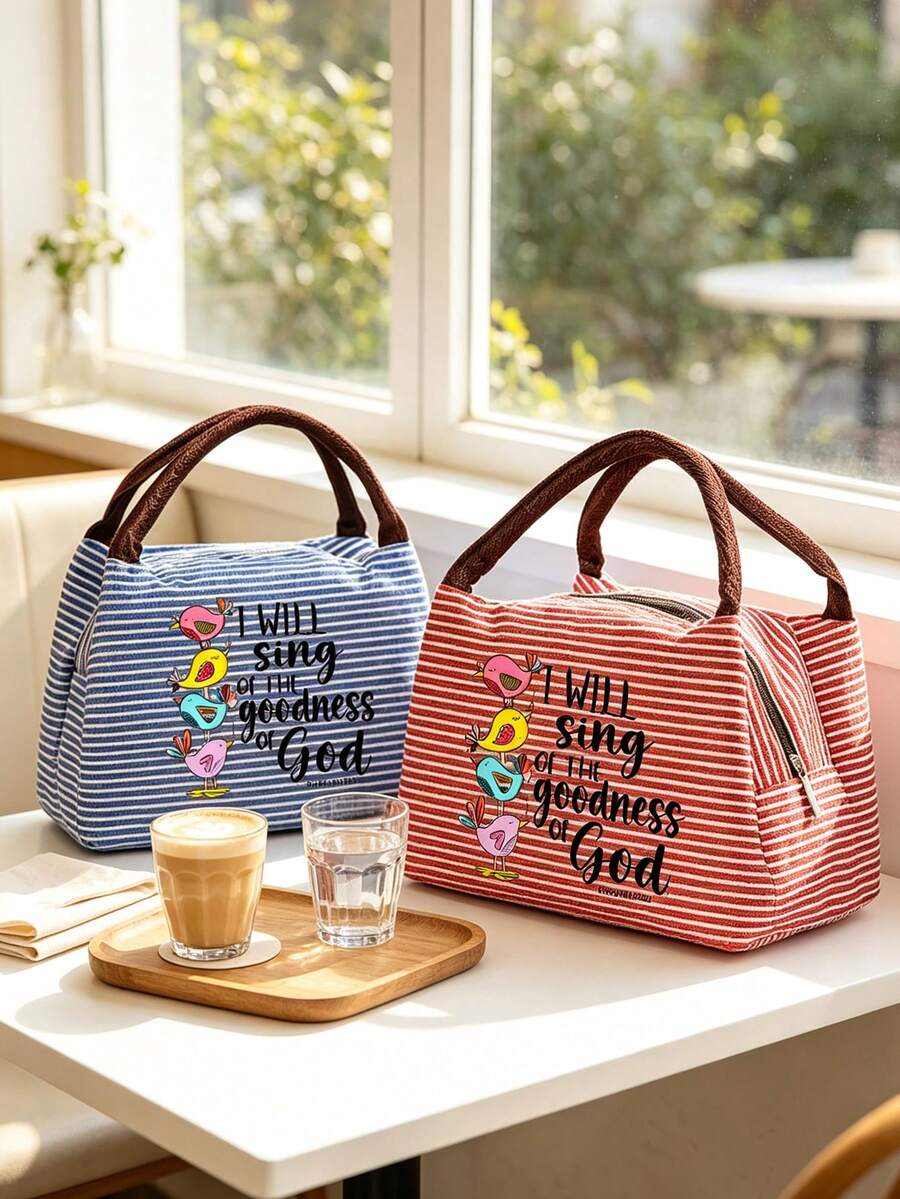 Vigour Summer Striped Colorful Songbird & Bible Verse Print Women's Handbag, Striped Lunch Bag, Unisex Leak-Proof Large Capacity Tote Bag, Portable Travel Picnic Camping Bag, Office School Work Meal Insulated Bag, Suitable For Daily Commute, Church Activities, Shopping And Spring Outings; Ideal Religious Themed Gift For Easter And Mother's Day - Multicolor - View 1