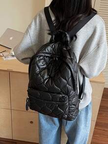 Mochila acolchada con corazón negro, de nylon suave con acolchado, tejido de punto, cordón ajustable, cremallera, gran capacidad, mochila escolar para estudiantes y viajes diarios - Negro - Ver 2