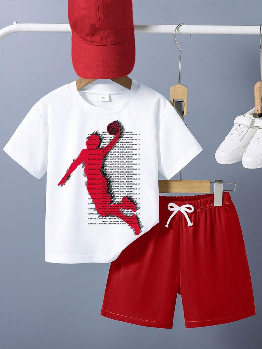 Young Boy Cartoon Print Short Sleeve T-Shirt And Shorts Set - White - View 1