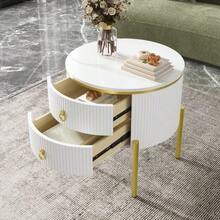 Side Table, Coffee Table With Drawers, Special Surface, Marble Look, Gold Legs And Handles, Adjustable - 白色 - 查看 2