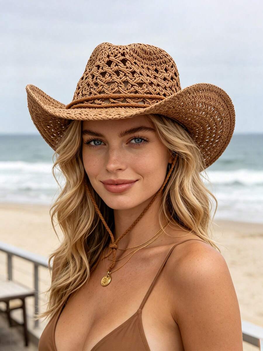 1pc Women's Hollow Woven Straw Hat, Western Cowboy Style, Breathable And Sun-Protective, With Built-In Drawstring Windproof Rope, Suitable For Beach Vacation And Daily Outings - Color - View 1